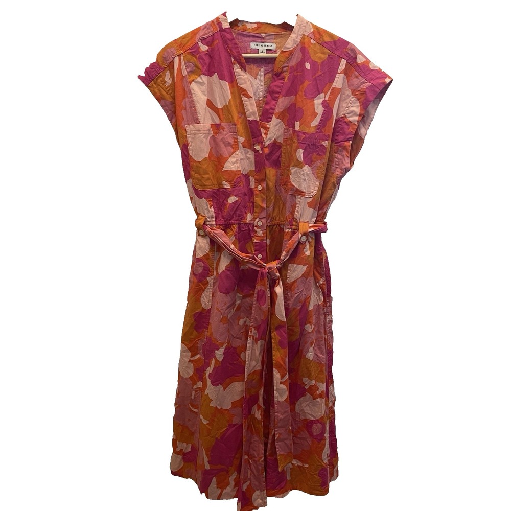 Free Assembly Orange Pink‎ Abstract Button Down Dress Midi Belted Sz Large Retro